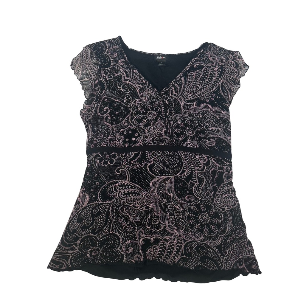Y2K Style & Co Women Black Pink Paisley Mesh Flutter Sleeve V-Neck Blouse Large